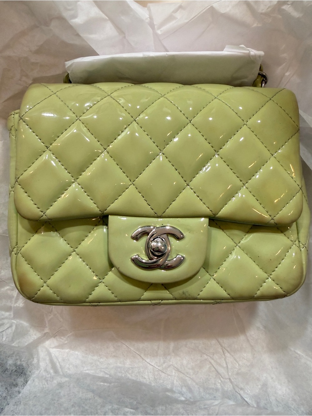 CHANEL Quilted Patent Leather Mini Flap Bag in Lime